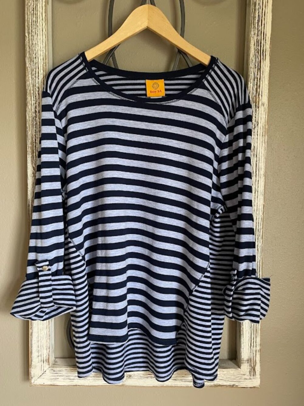 Ruby Rd. Navy & Gray Stripe Ruffle Bell Cuff Top — 3/4 Sleeve— Women's Plus